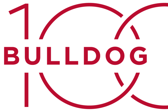 red logo on white background of Bulldog 100