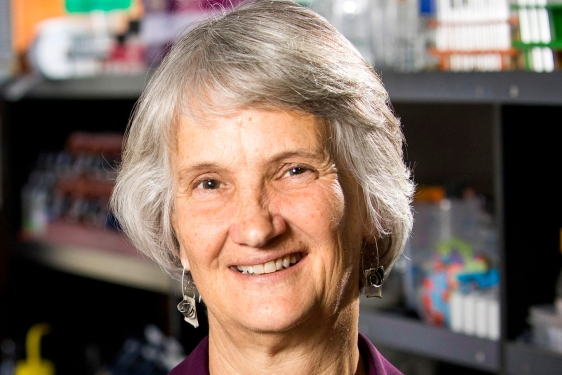 photo of woman with lab shelving in background
