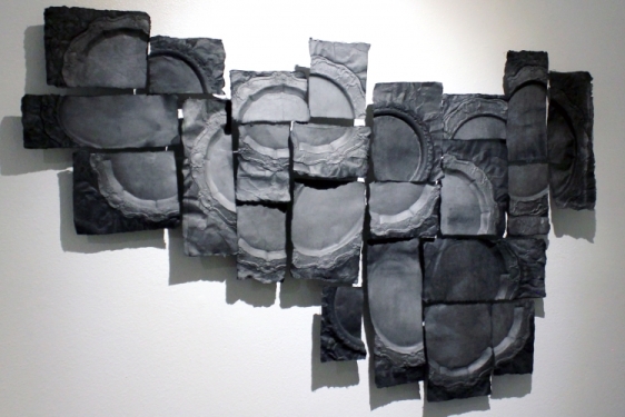 photo of paper, ink, and thread collage