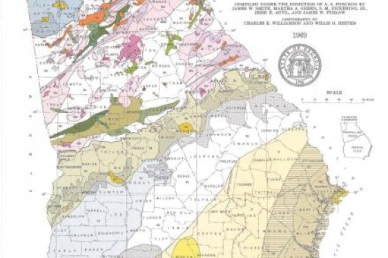 graphic map of Georgia with belts of mineral deposits in different colors