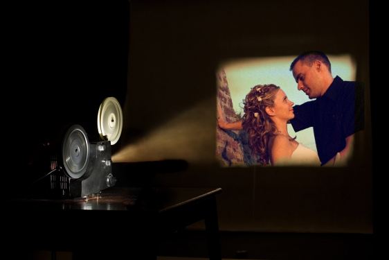 photo of projector and image on screen